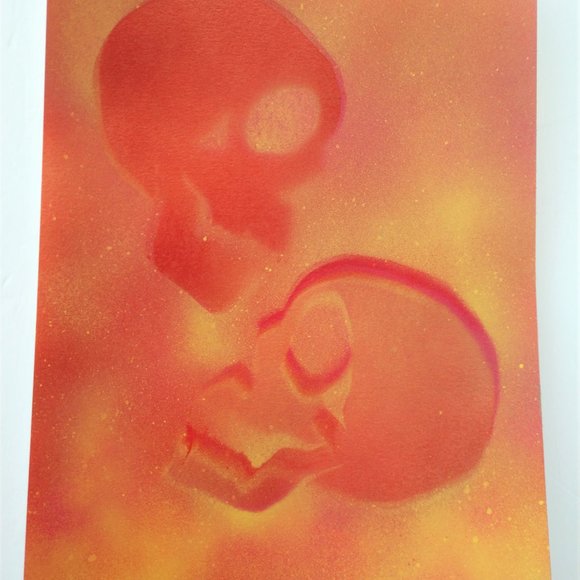 Abstract Floating Skulls Art 15x11 Yellow Orange Hand Crafted - Picture 11 of 16